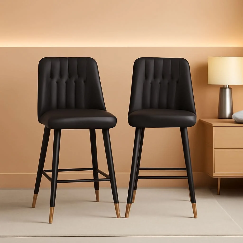 Fashionable 27 Inch Black Counter Height Bar Stool Set With Back Faux Leather Comfortable