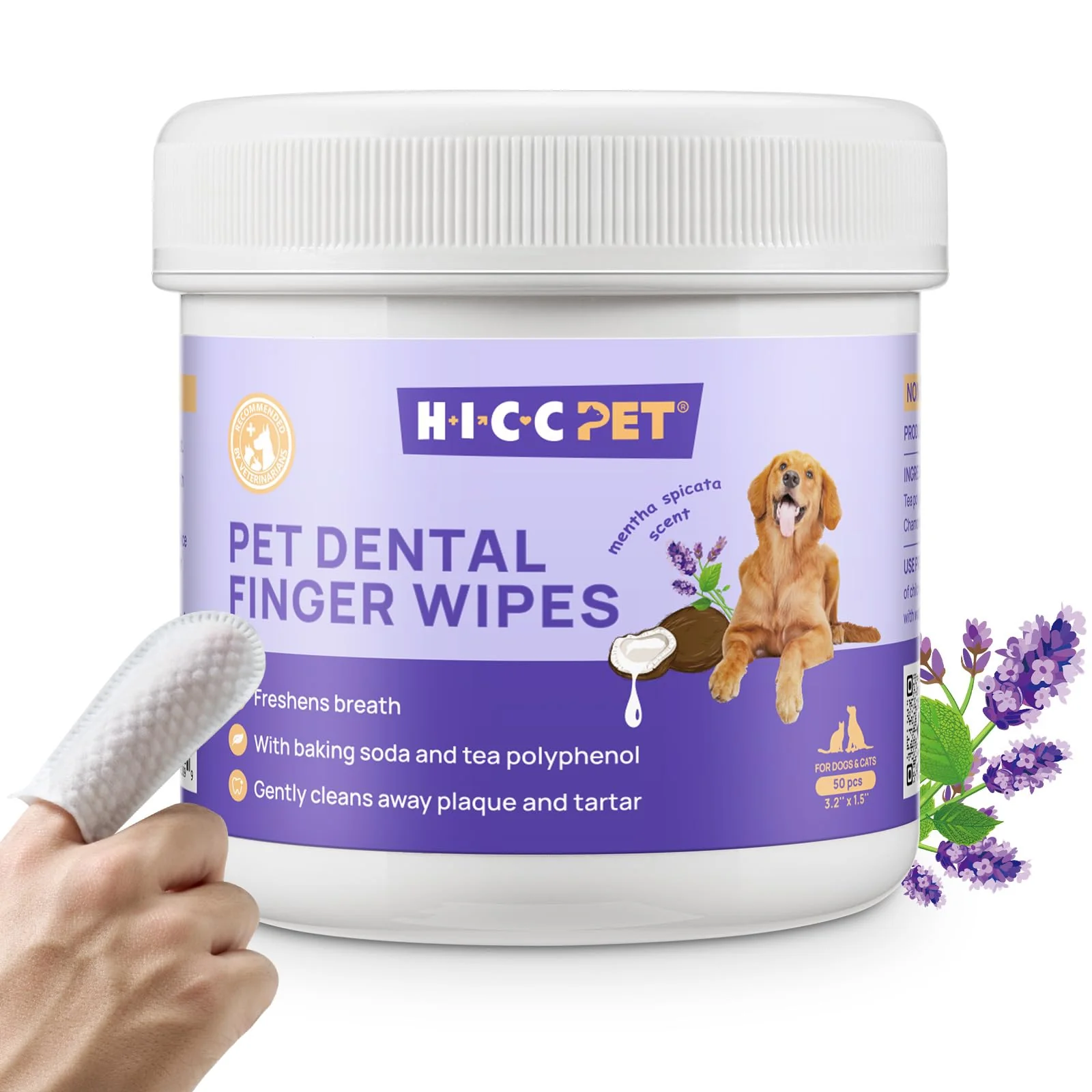 Pure HICC PET Teeth Cleaning Wipes for Dogs Cats — Gentle Alcohol- Dental Care 50 Count Mentha Spicata Trusted
