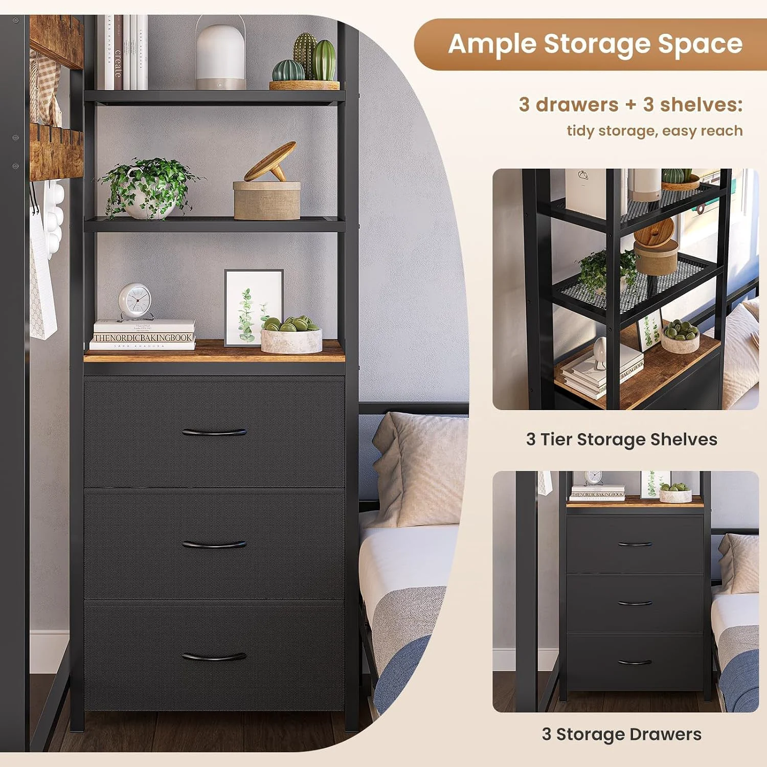 Easy-to-Use Charcoal Twin Bunk Bed With Charging Station Drawers Detailed