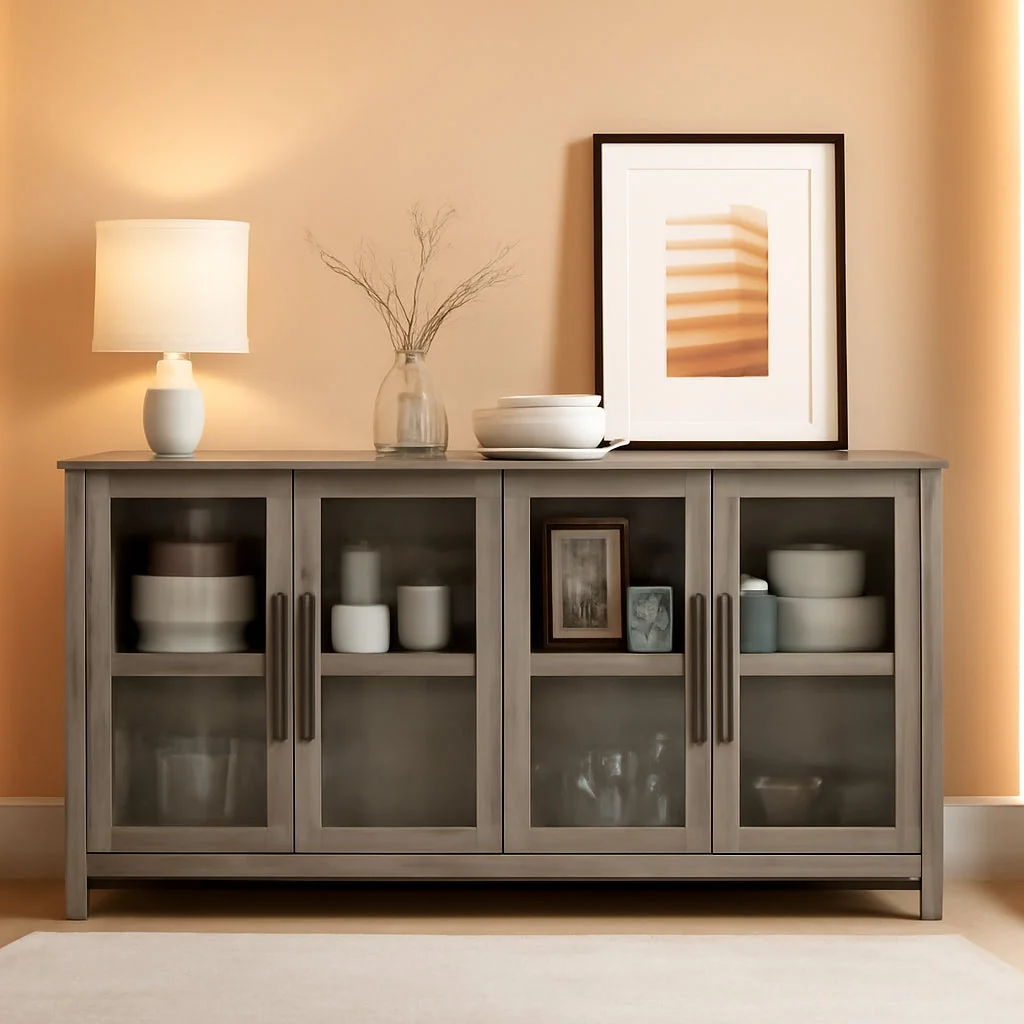 Innovative Fifty Five Inch Grey Buffet Cabinet Glass Doors Storage Classic
