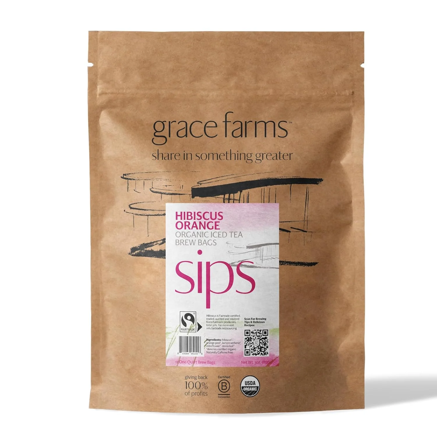 Soft Grace Farms HIBISCUS ORANGE ORGANIC ICED TEA Twelve 1qt. Brew Bags 3 Gallons Refreshing Tart and Vibrant Naturally Sweet Sugar- Easy Cold Brew Fine