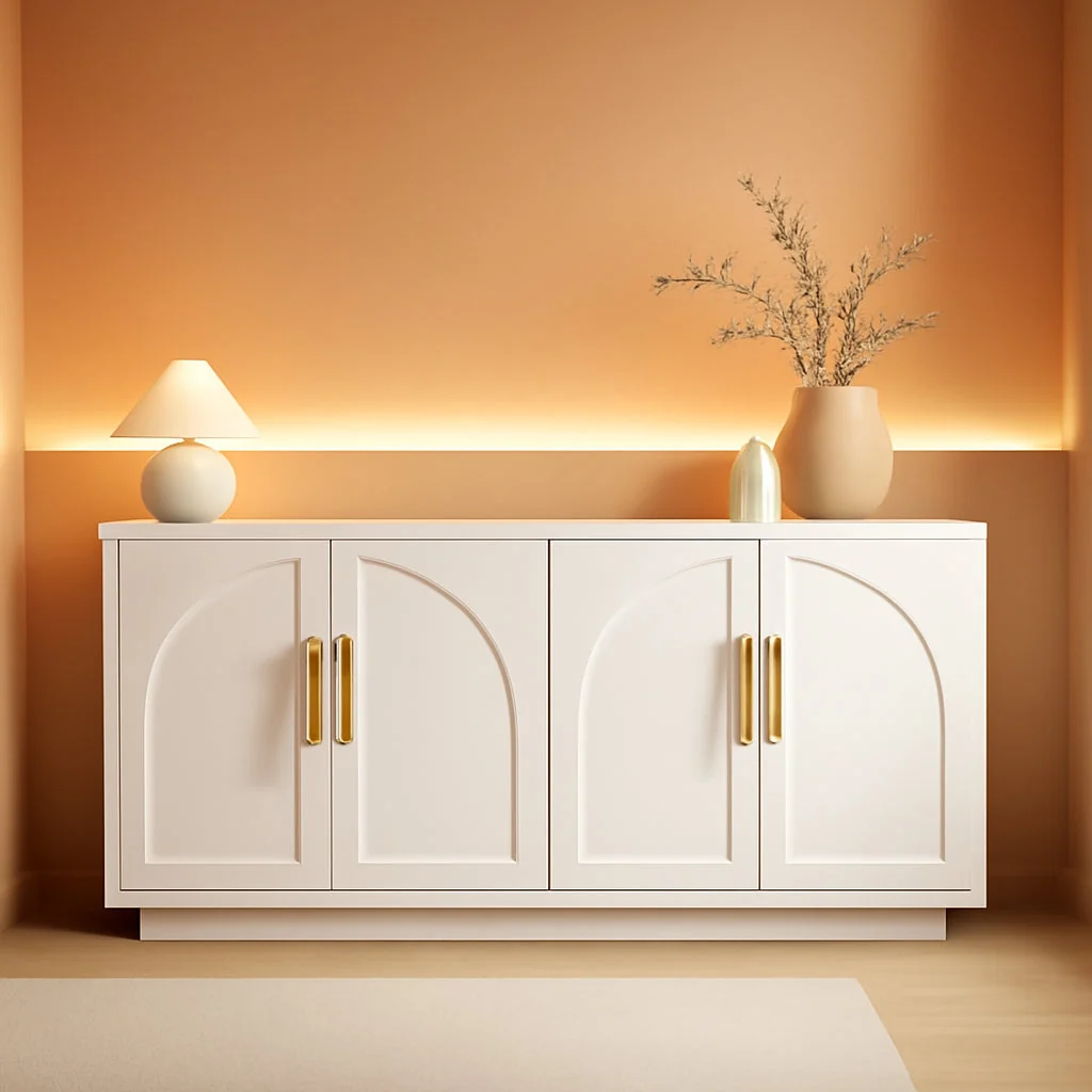 Reusable 59-Inch Arched Buffet Cabinet Beige Finish With Adjustable Shelves Practical