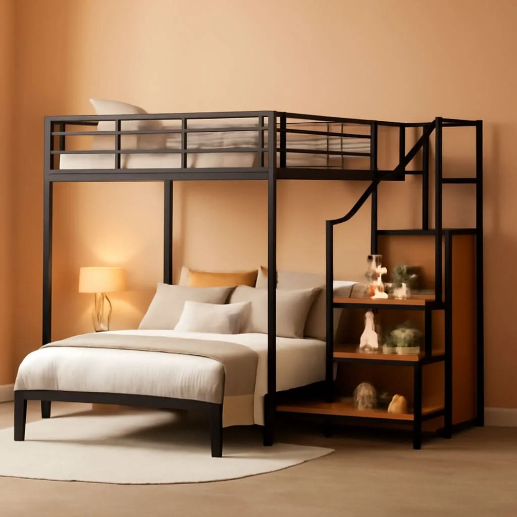 Original Full Over Full Metal Bunk Bed With Storage Stairs Black Soft