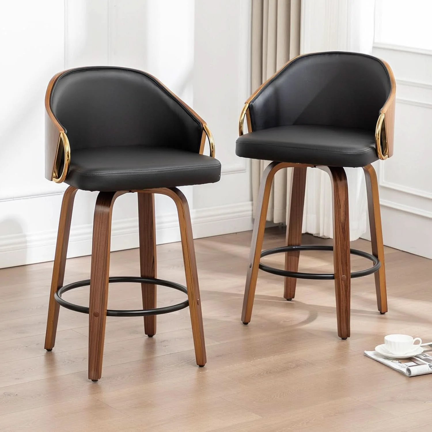 Premium 26 Inch Swivel Barstools Set of Two Black Leather Trusted