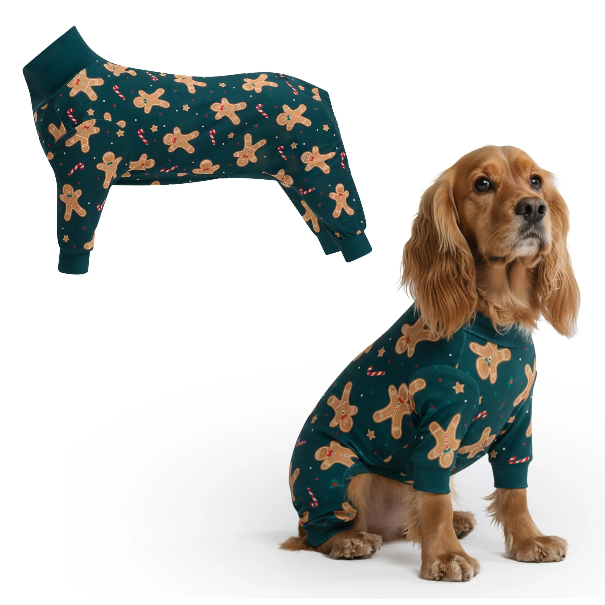 Sustainable Spark Paws Gingerbread Man Dog Christmas Pajama – Ultra-Soft 4-Way Stretch Size L Natural