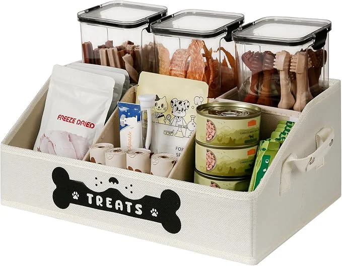 Elegant Dog Treat Container Dogs Storage Organizer with Removable Dividers Collapsible Dogs Treat Holder for Countertop Trapezoid Pet Treats Containers Dog Toy Basket with PU Handles Medium BeigeAbout ThisOverview First-Class
