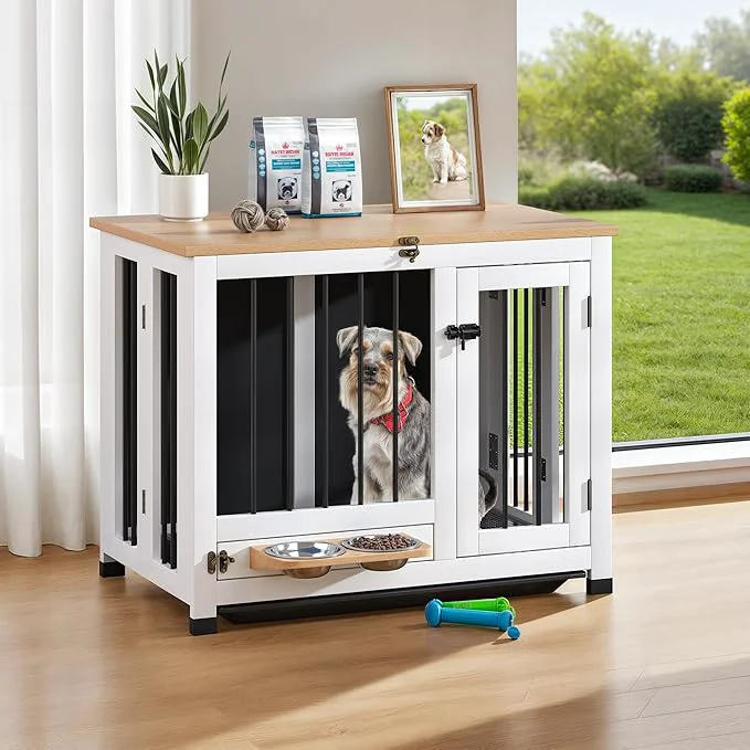 Convenient 31.5 Dog Crate – Wooden Dog Cage with Removable Tray 360° Rotating Feeder Indoor Decorative Dog Kennel Furniture Multi-Functional Pet End Table for Medium Small Dogs Light WalnutAbout ThisOverview Premium Material