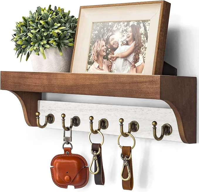 Refined Rebee Vision Key Holder for Wall with Shelf – Farmhouse 2-Color Key Rack with 5 Retro Keys Hooks and Primitive Wood Mail Organizer Wall Mount – Decorative Rustic Home Decor Brown White About ThisOverview Advanced