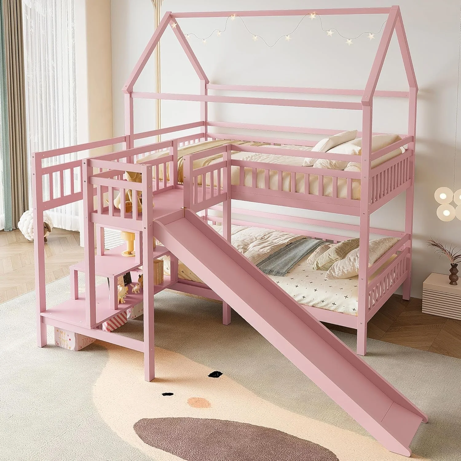 Natural Pink Full Over Full Bunk Bed Playhouse With Stairs Storage Elegant