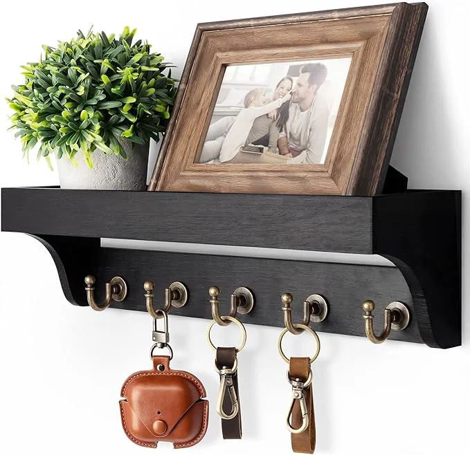 Dependable Rebee Vision Key Holder for Wall with Shelf Decorative Key Organizer with 5 Rustic Keys Hooks and Primitive Wood Mail Organizer Wall Mount – Entryway Décor Black About ThisOverview Enhanced