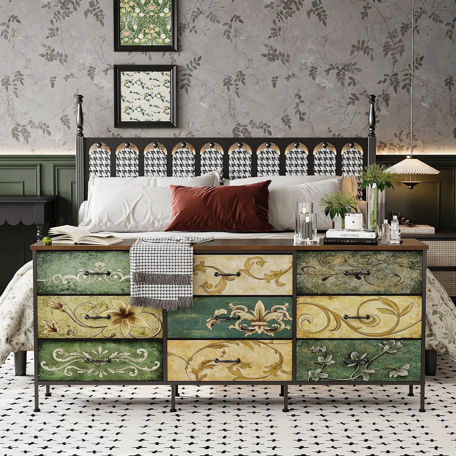 Original Design Oversize Nine Drawer Fabric Dresser Floral Pattern Outstanding