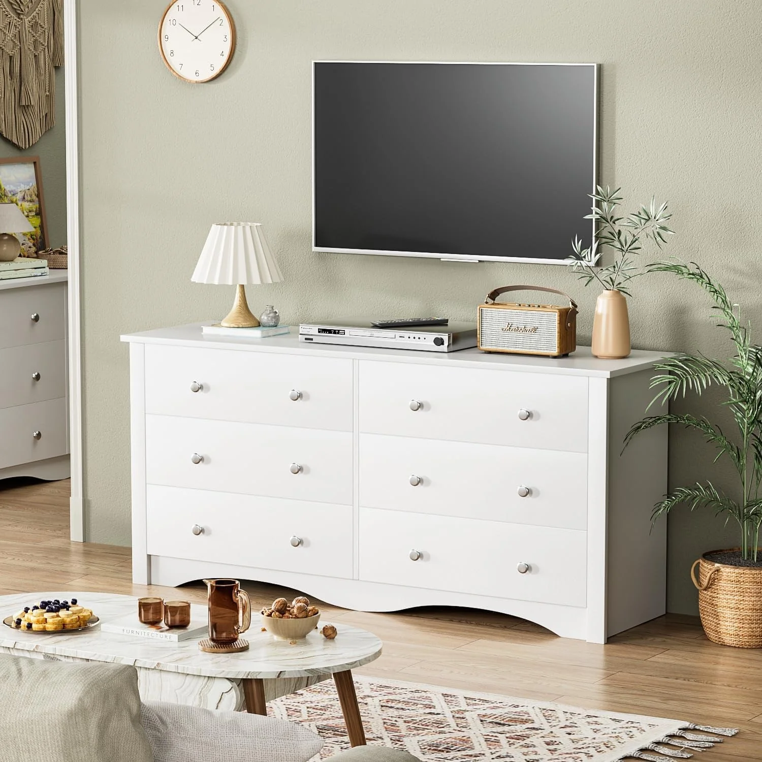 Relaxed White 58 Inch Contemporary Wooden Dresser Organizer Convenient