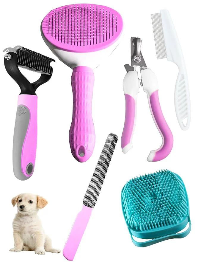 Specialty Dog Cat Grooming Kit Brushes Dematting Rake and Comb Nail Clipper Nail File Flea Comb Pink 6 Kits Durable