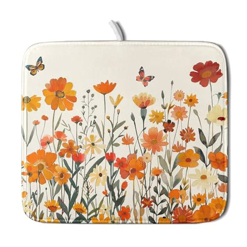 Stylish Fall Orange Wildflower Dish Drying Mat for Kitchen Counter Innovative