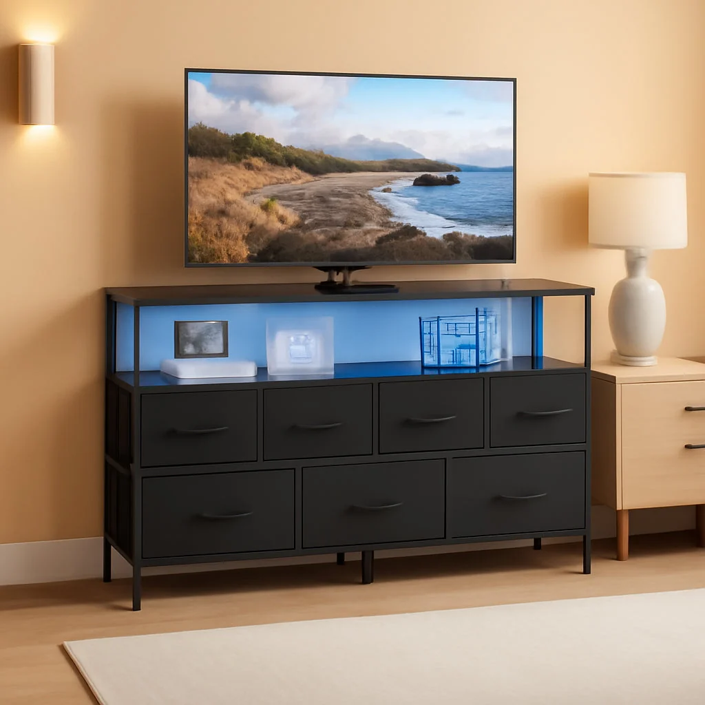 Eco-Friendly Ink Black Engineered Dresser With Integrated Lighting Enhanced