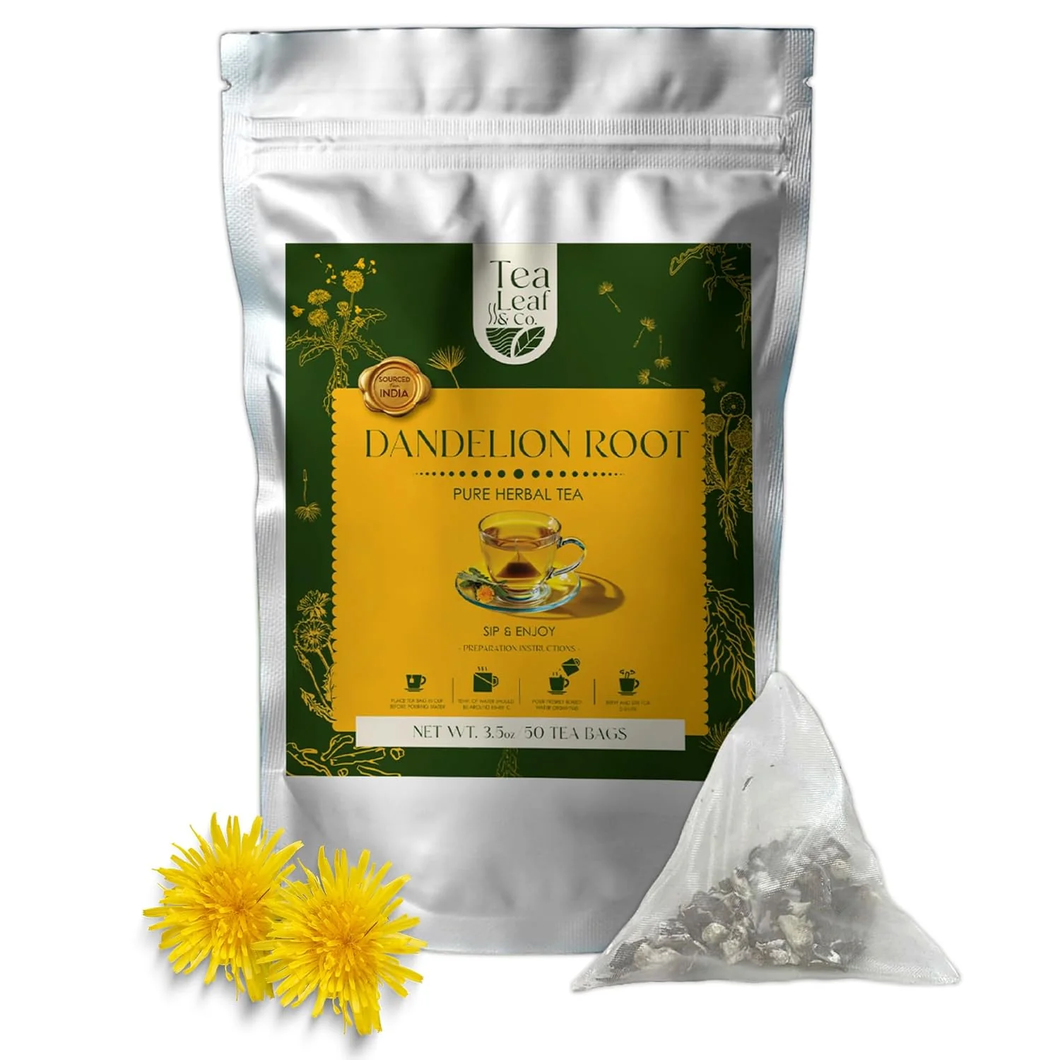 Certified Dandelion Root Herbal Tea 100gm 3.5oz Natural Herbal Infusion 50 Tea Bags Premium