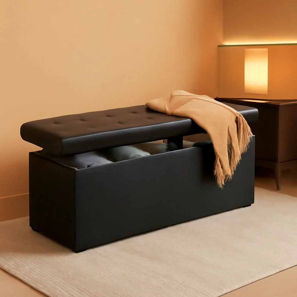 High-Quality Memory Foam Folding Chest Ottoman Bench 45 Inch Black Faux Leather Sto Stylish
