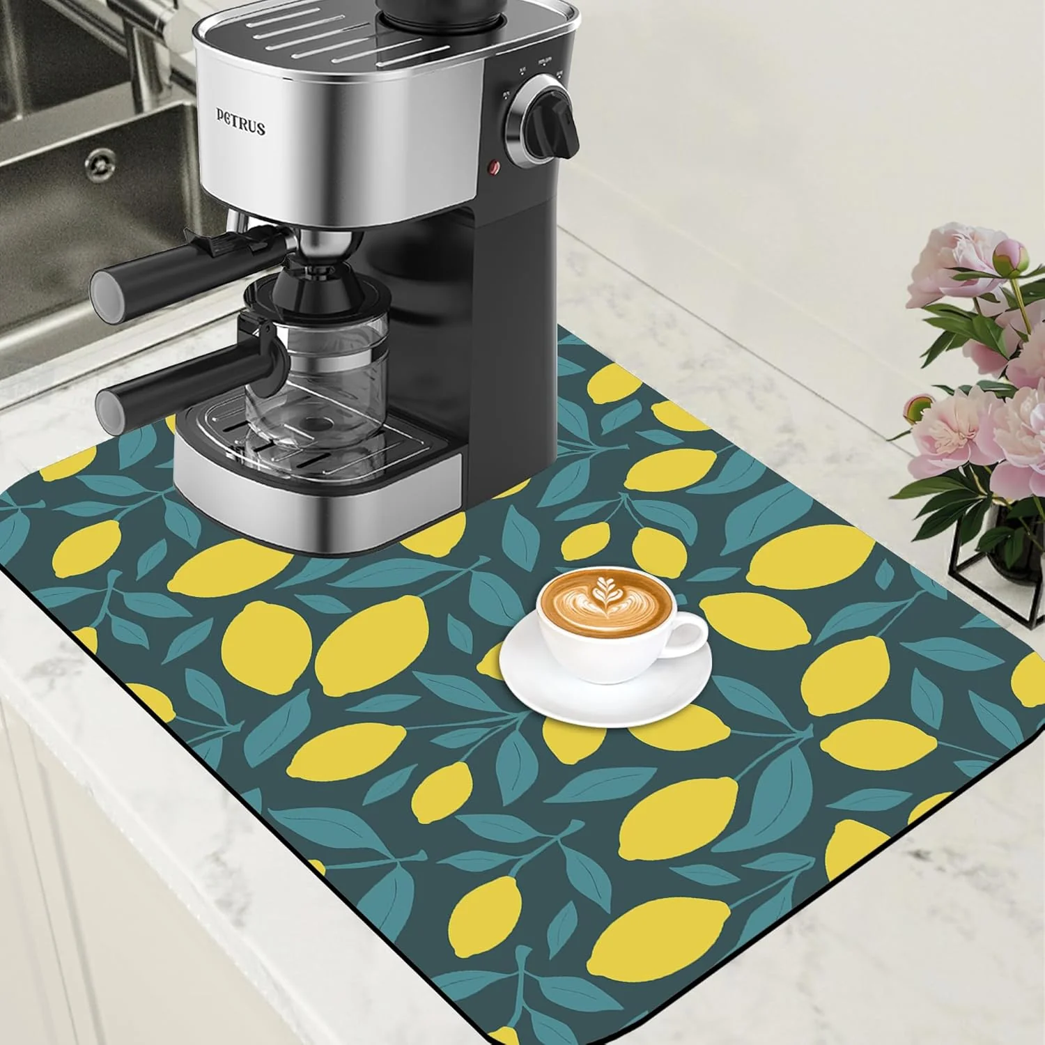 Practical Yellow Lemon and Leaves Coffee Mat Absorbent Dish Drying Mat for Kitchen Counter Hide Stain Rubber Backed Coffee Bar Accessories Fit Under Espresso Machine 15.7 x 23.6 Inch Responsible