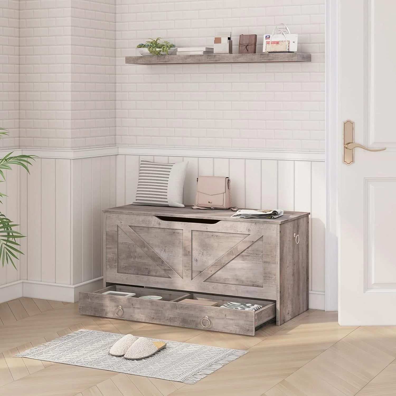 Greige Premium Quality Solid Wood Storage Bench Toy Chest Sustainable
