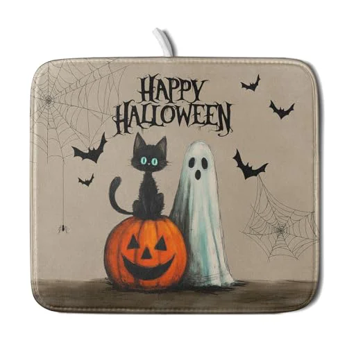 High-Performance Happy Halloween Black Cat Ghost Dish Drying Mat for Kitchen Counter Classic