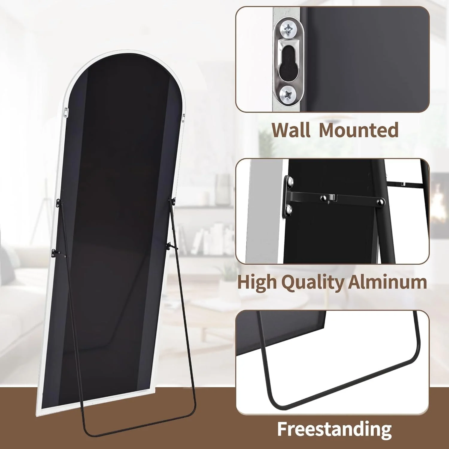 Original Design Arched FullLength Aluminum Framed Floor Mirror White Environmentally Friendly