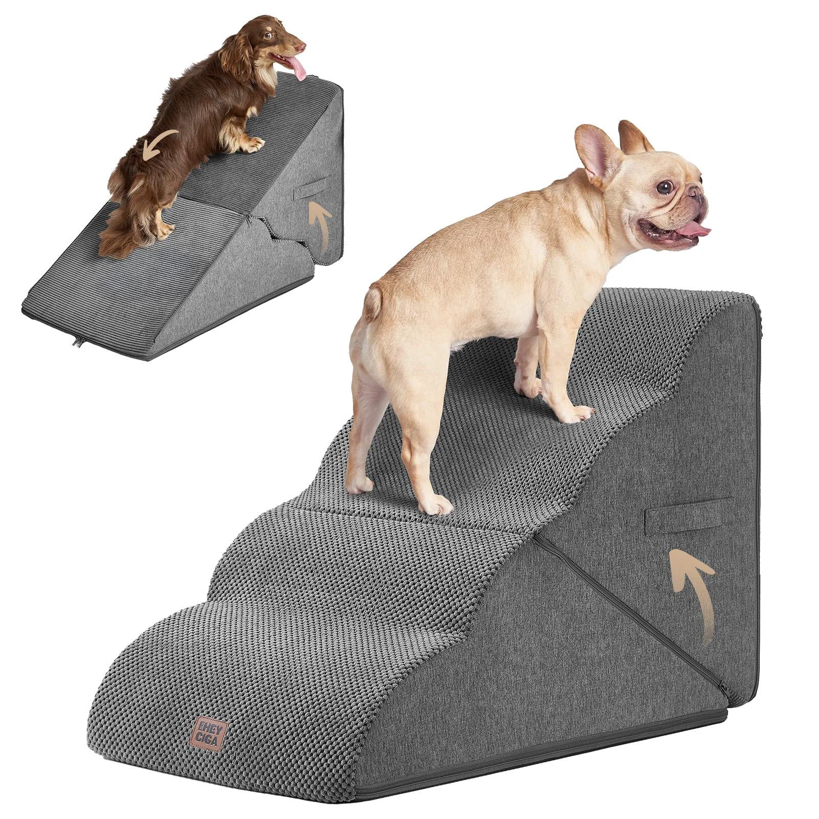 Breathable EHEYCIGA Curved Foldable Dog Stairs – 4-Step High Bed Pet Steps Non-Slip Foam Ramp Grey Contemporary