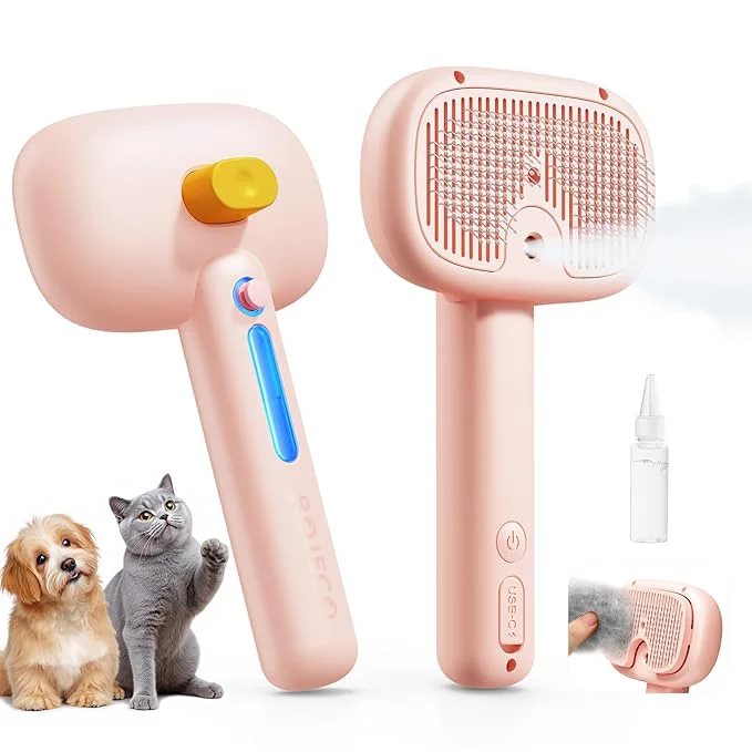 Original ROJECO 3-in-1 Pet Steam Brush for Cats Dogs – Detangling Comb with Adjustable Mist Handheld Deshedding Grooming Tool for Long Short Hair Massage Brush Shedding Control Gift Cordless Pink Trusted