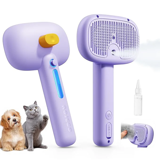 Advanced ROJECO 3-in-1 Pet Steam Brush for Cats Dogs – Detangling Comb with Adjustable Mist Handheld Deshedding Grooming Tool for Long Short Hair Massage Brush Shedding Control Gift Cordless Purple Certified