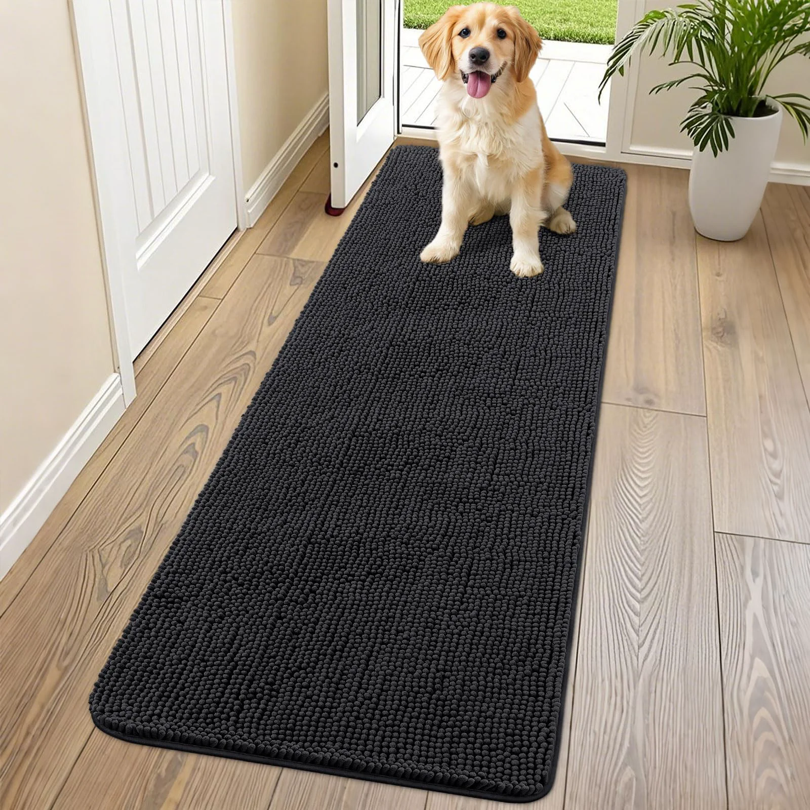 High-Quality Smiry Dog Door Mat 70×24 – Absorbs Mud Moisture Non-Slip Chenille Entryway Black Pure