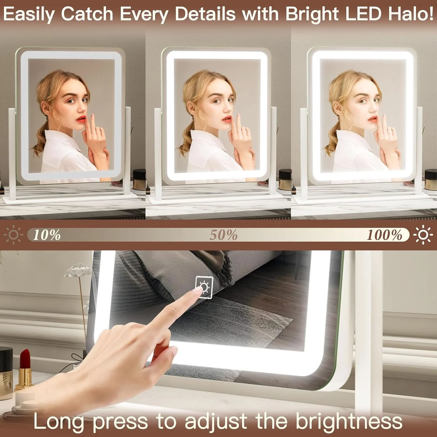 Premium Material LED Lighted Vanity Mirror 15×12.6 Inches Adjustable Solid