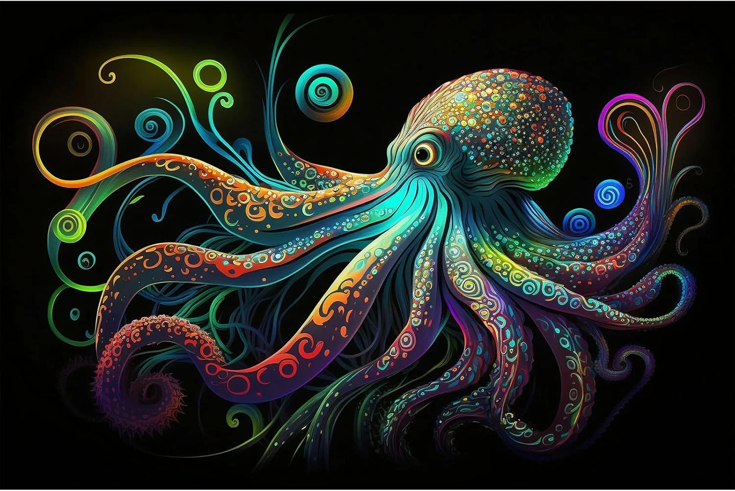 Environmentally Friendly Octopus Aquarium Background Exquisite Colorful Octopus Terrarium Background Glowing Octopus on Black Background Fish Tank Backdrop Octopus Backdrops Poster Wallpaper Decorations Vinyl 48x24in Effective