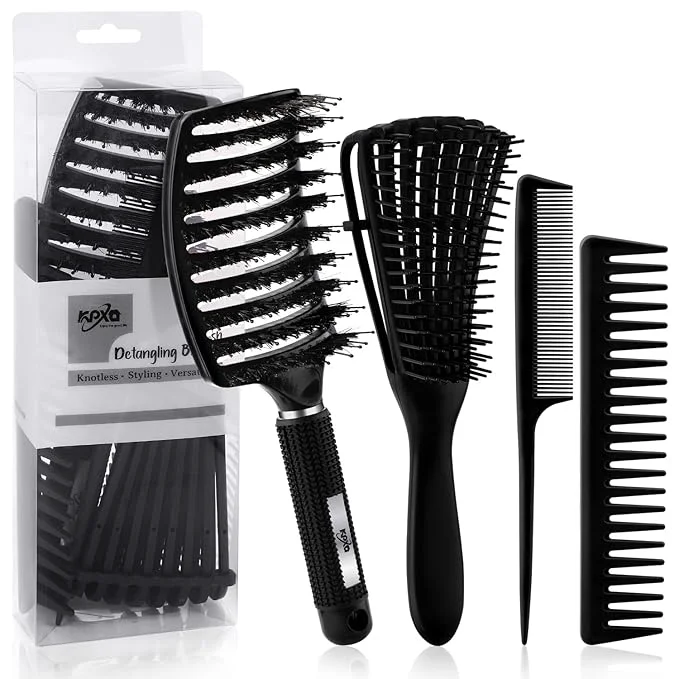 Detailed 4pcs Curly Hair Brush Set for Adult Kids Wet or Dry Detangling Brush for 3 4ABC Hair with Wide Tooth Comb 4 Black First-Class
