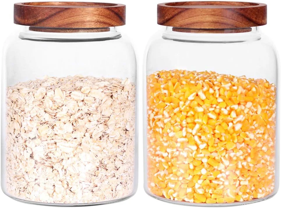 Durable Glass Storage Jars with Airtight Lids Set of 2 42 FL OZ 1250ml coffee container with Wooden Lid Glass Pantry Canister for Beans Rice Sugar and etc 6.3 inch high Modern