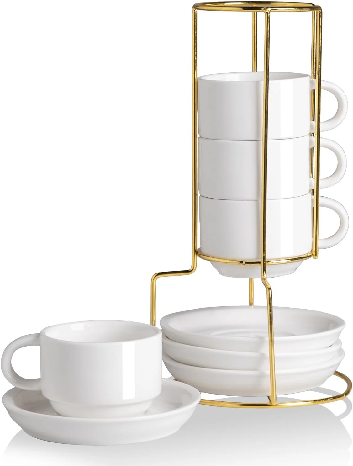 Green Sweejar Porcelain Espresso Cups with Saucers 4 Ounce Stackable Cappuccino Cups with Metal Stand for Coffee Drinks Latte Tea Selected