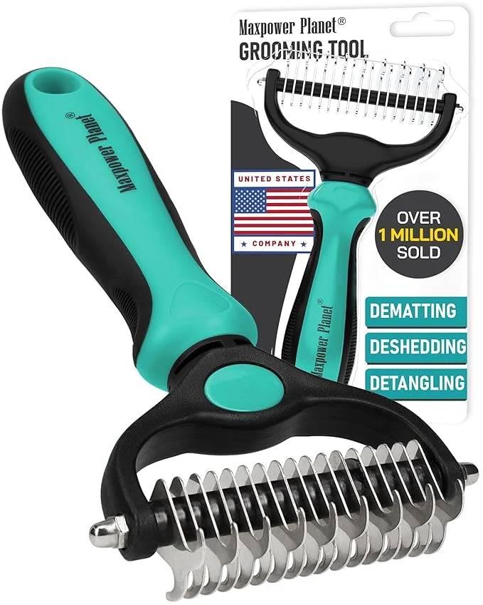 Safe Maxpower Planet Hair Brush – Double Sided Shedding Dematting Undercoat Rake for Dogs and Cats – Extra Wide Dog Grooming Brush Reduce Shedding by 95 Turquoise Original