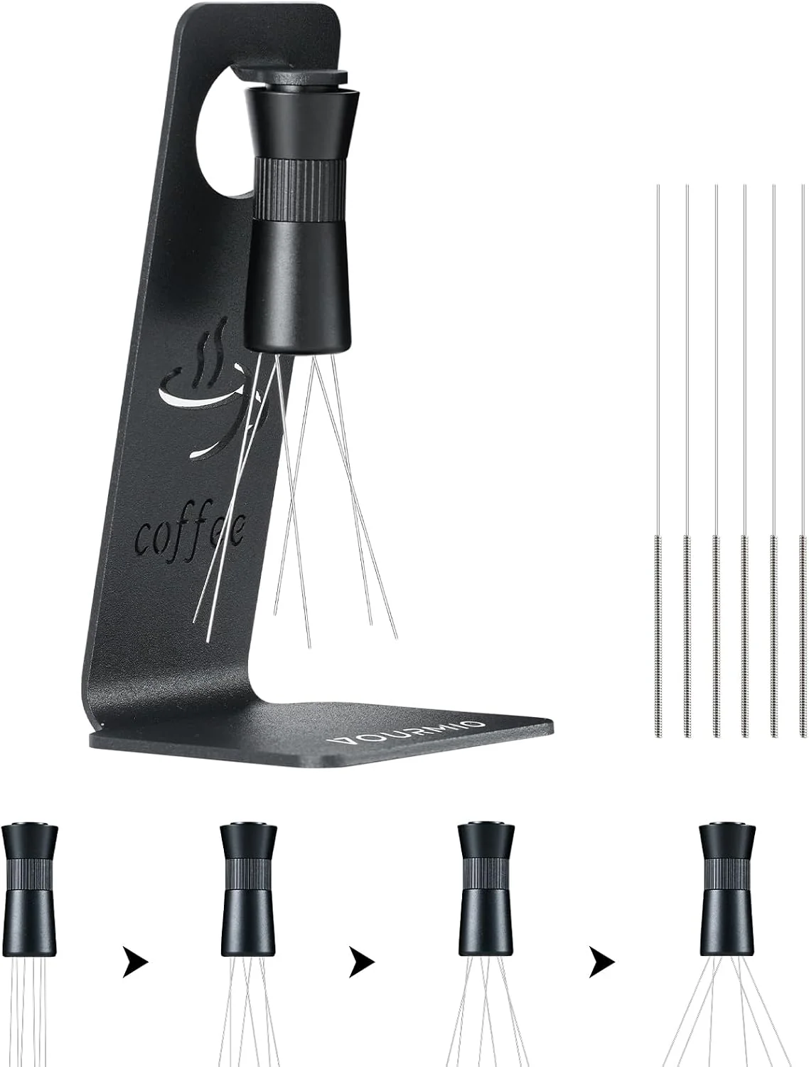 Recyclable WDT Tool – Coffee Distribution Tool with Magnetic Stand Adjustable Range Espresso Stirrer 304 Stainless Steel 6 Needles 0.4mm and 6 Extra Needles 0.25mm Selected