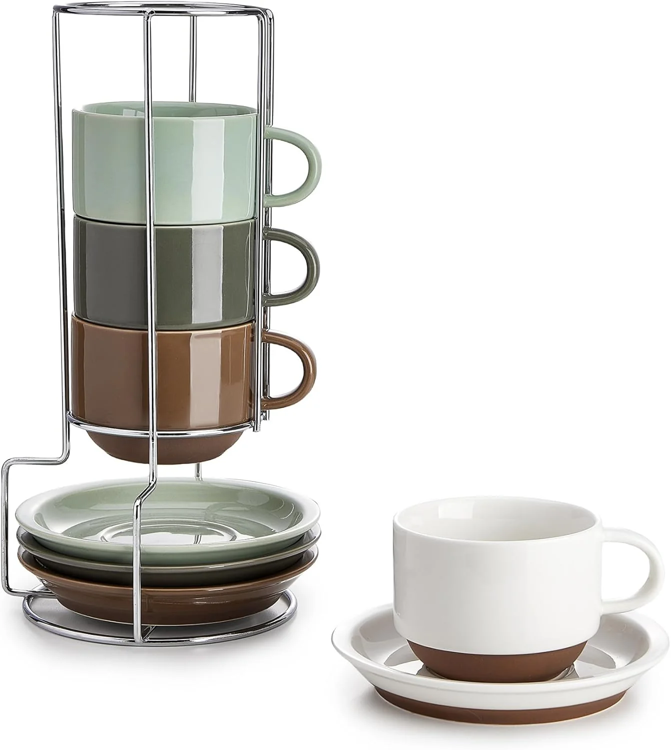 Healthy Sweese 8 Ounce Cappuccino Cups Set of 4 Porcelain Stackable Coffee Cups with Saucers and Metal Stand Multicolor Enhanced