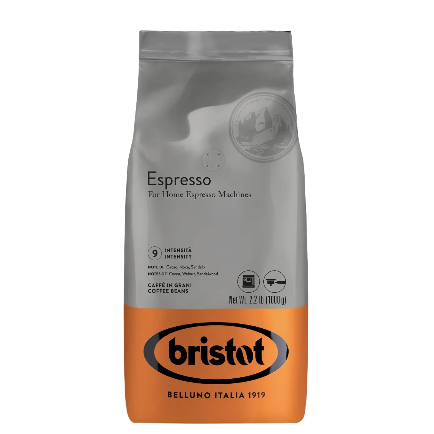 Green Bristot Espresso Beans – Medium Roast Italian Whole Bean Coffee – For Home Espresso Machines – 2.2 lb 1000g Bag Secure
