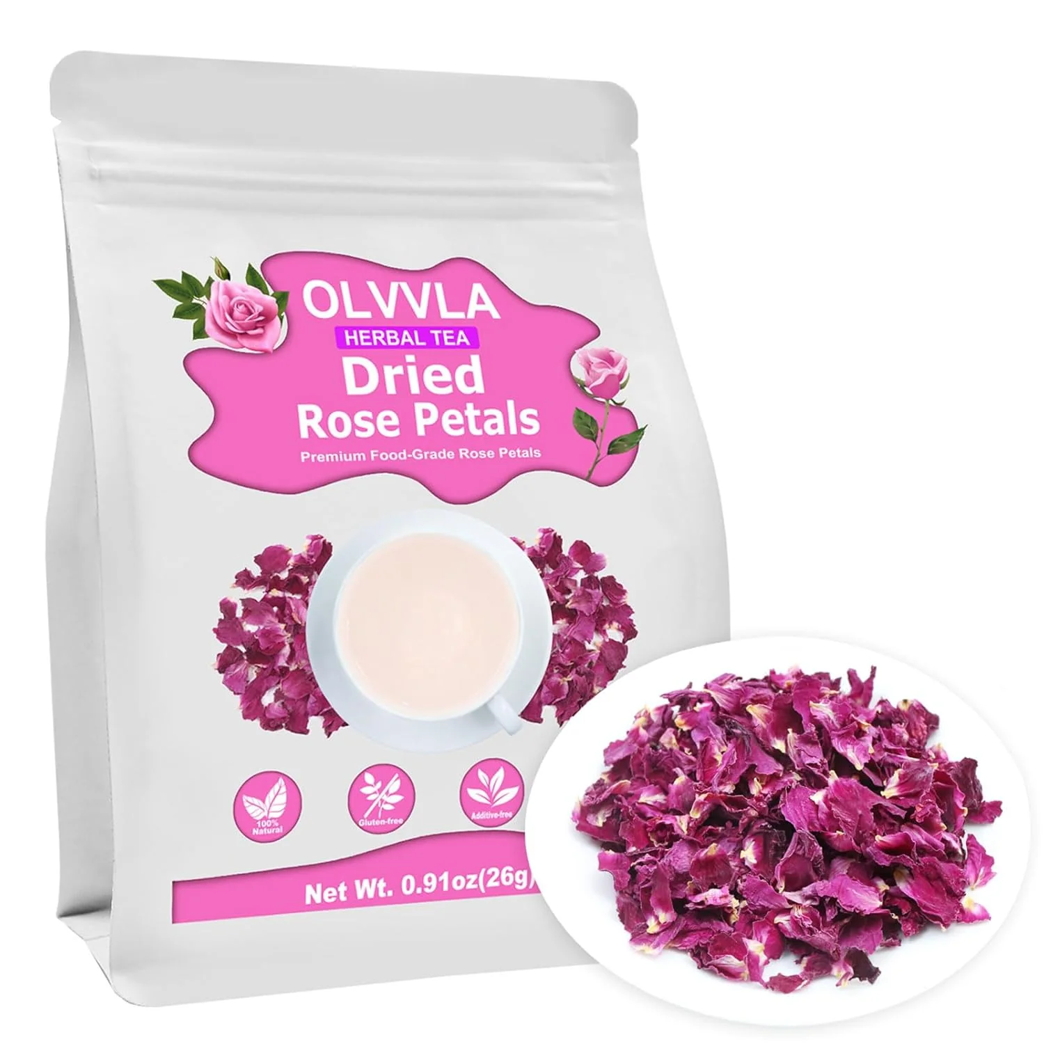 Organic Olvvla – Dried Rose Petals – 0.91oz 26g – Premium Food Grade Dried Roses Edible Flowers – for Edible Rose Petal Tea Decorations Baking Innovative
