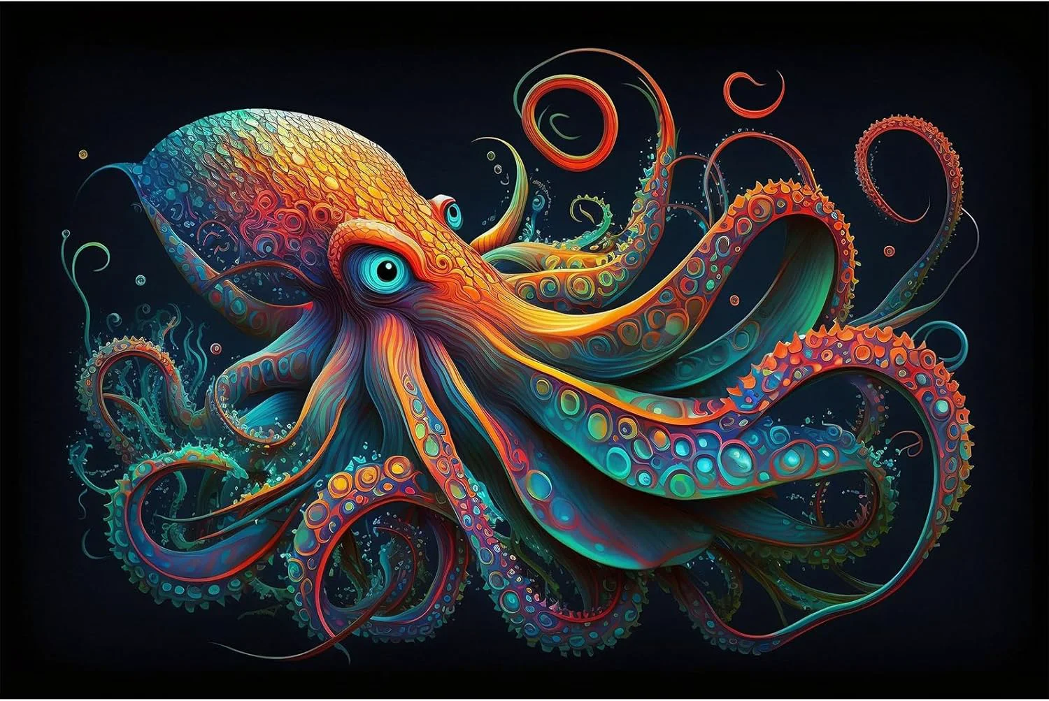 Green Octopus Aquarium Background Abstract Colorful Octopus Terrarium Background Glowing Octopus on Black Background Fish Tank Backdrop Poster Wallpaper Decorations Vinyl 48x18in Fine Crafted