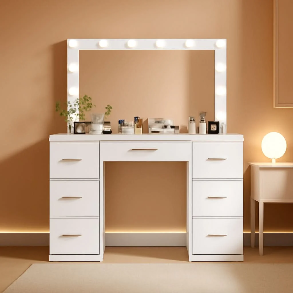 Secure White Vanity Desk With Adjustable Illuminated Mirror Top-Quality