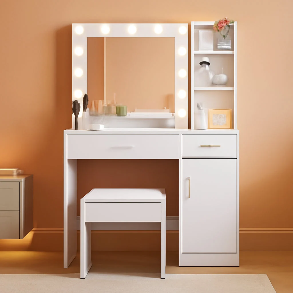 Reliable White Vanity Desk With Illuminated Cosmetics Storage Effective