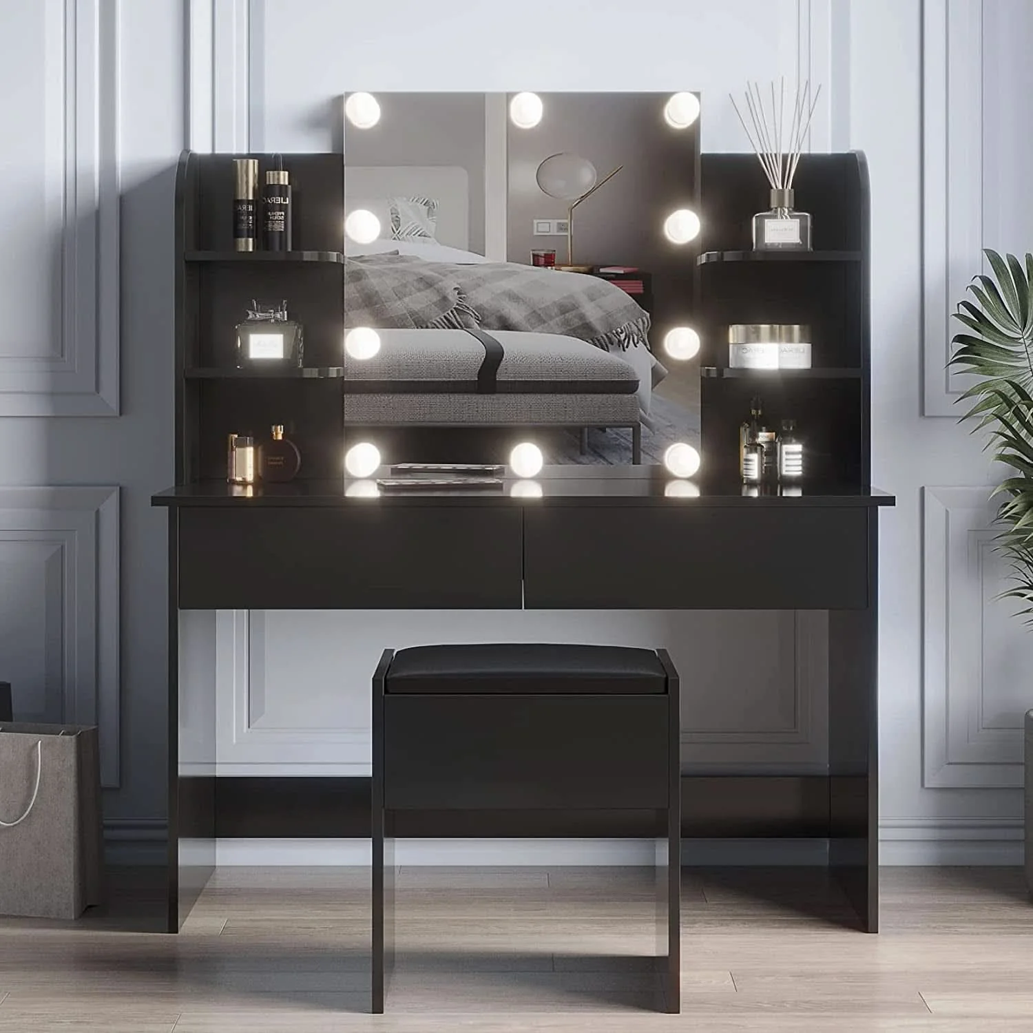 High-End Black Vanity Set With 10 Lights For Bedroom Storage Efficient