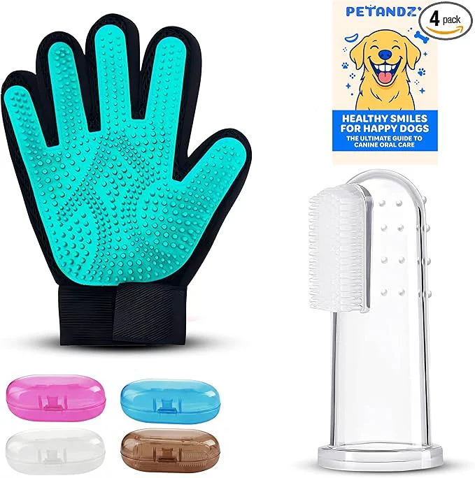 Flexible Dog Toothbrush Kit Pet Hair Removal Glove – 4 Silicone Finger Toothbrushes with Travel Cases – Pet Dental Care Teeth Cleaning Plaque Tartar Control – Dog Grooming Gloves – QR eBook Excellent