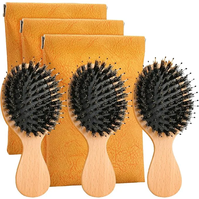 Top-Quality Travel Hair Brush 3-Pack Mini Boar Bristle Hair Brush for Women – Small Portable Compact HairBrush for Girls Kids Women Gift Travel Size for Purse Vacation Business Trips Outings Efficient