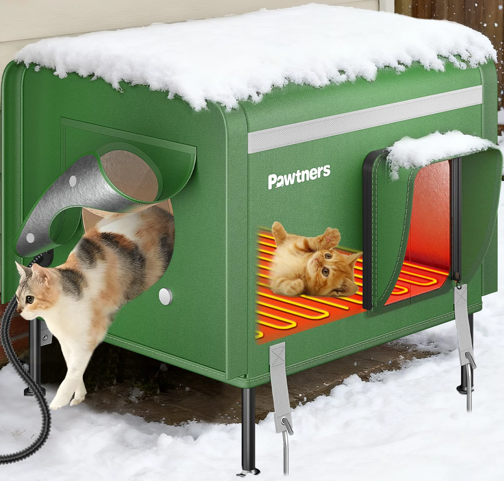Durable Pawtners Heated Outdoor Cat House – 19” Large Insulated Weatherproof Shelter with Heated Pad Escape Door Feet Elegant