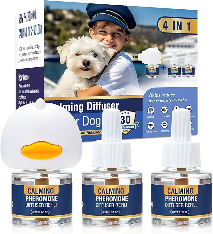 Easy-to-Use Dog Pheromone Calming Diffuser Anxiety Relief Reduce Barking Aggression Fighting Stress 3 Pack 48ml Refill Tasteless for 4 in 1 Appeasing Pet Pheromones Diffuser to Calm Kit 90 Day SupplyAbout This Optimized