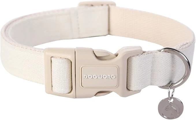 Superior DOGWONG Cotton Hemp Dog Collar Heavy-Duty White Dog Collar Adjustable Soft Smart