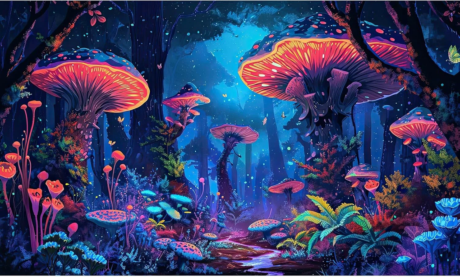 Official Mushrooms Aquarium Background Fantasy Bright Flowers Butterflies Fish Tank Backdrop Decoration Poster Trippy Wonderland Landscape with Giant Mystical Mushrooms Terrarium Background Decor 36x18in Safe