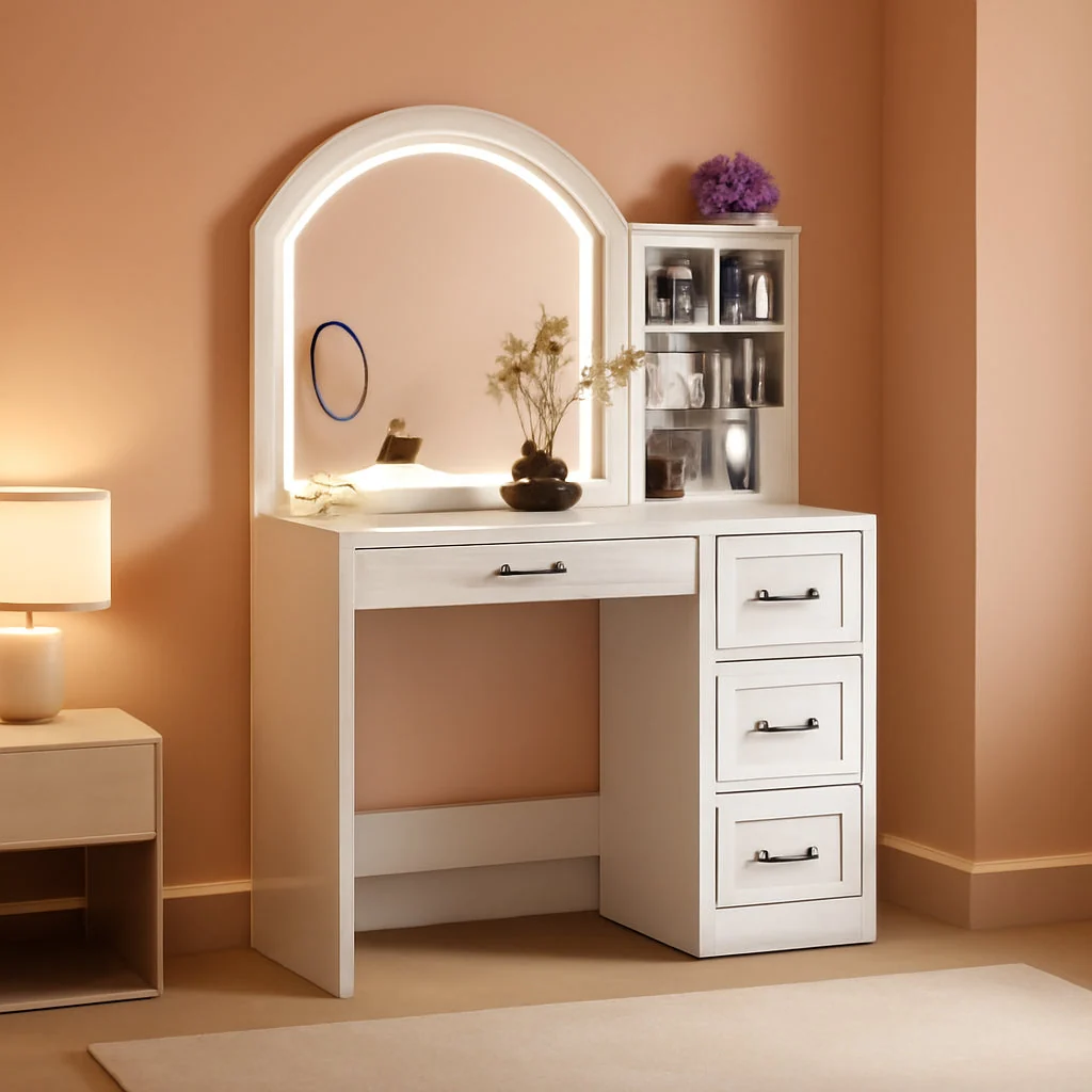 Exceptional Antiquewhite Vanity Desk With LED Illuminated Mirror Clean